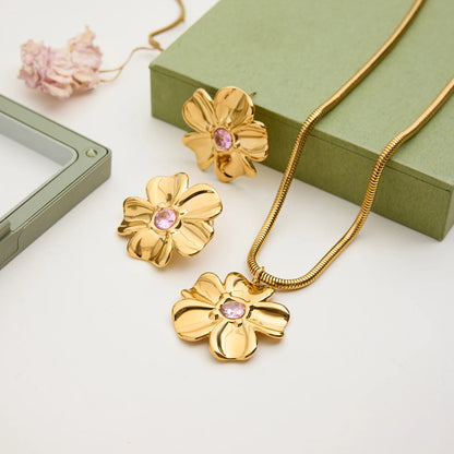 Zora Romantic Minimalist Pink Rhinestone Flower Pendant Necklace Earring 18K Gold Plated Stainless Steel Waterproof Girl Jewelry