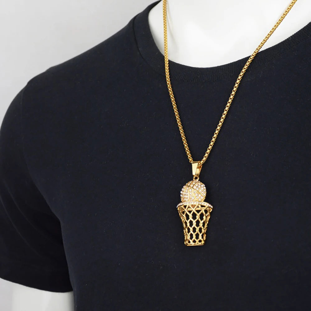 Punk Fashion Iced Out Basketball Basket Pendant Male Gold Color Stainless Steel Sports Necklace For Men Hippie Jewelry Gift 2025