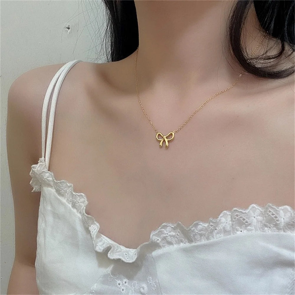Punk Fashion Cute Small Tiny Bowknot Pendant Female Gold Color Stainless Steel 45cm Choker Chain Necklace For Women Jewelry Gift