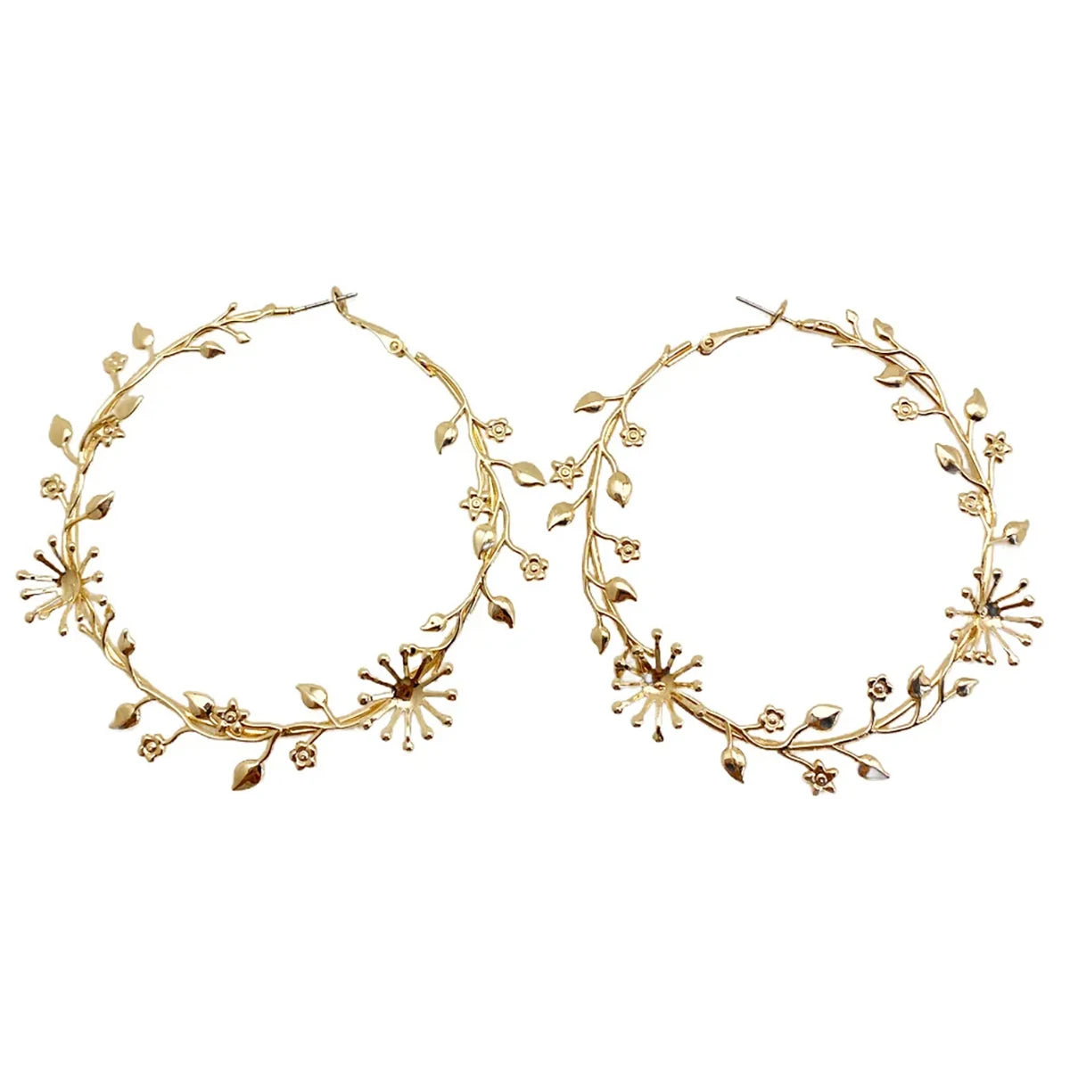 FTCY Exaggerated Hoop Earrings for Women Leaf Flower Gold Color Big Circle Earrings Vintage Trend Women's Jewelry Gift