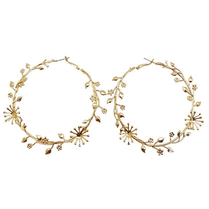 FTCY Exaggerated Hoop Earrings for Women Leaf Flower Gold Color Big Circle Earrings Vintage Trend Women's Jewelry Gift