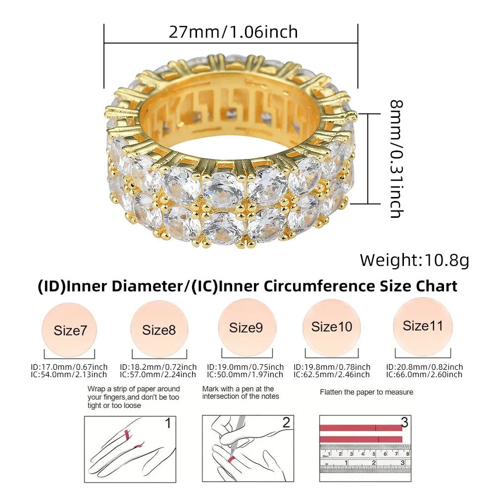 HipHop Jewelry Iced Out Brass Full Cubic Zirconia Tennis Ring Double Row Engagement Ring Unisex Men Eternity Bands Wedding Rings
