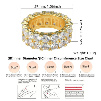 HipHop Jewelry Iced Out Brass Full Cubic Zirconia Tennis Ring Double Row Engagement Ring Unisex Men Eternity Bands Wedding Rings