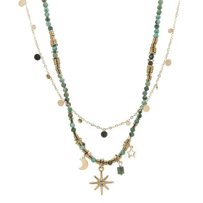 Vintage Bohemian Style Stone Beads Necklace for Women Charm Mang Star Pendant Stacked Clavicle Chain Fashion Jewelry Gifts
