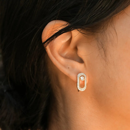 Women Girls Geometric Trendy Hoops Earrings, Paperclip Shape Metal Earrings Bling AAA Cubic Zirconia Stone Party Jewelry Huggies