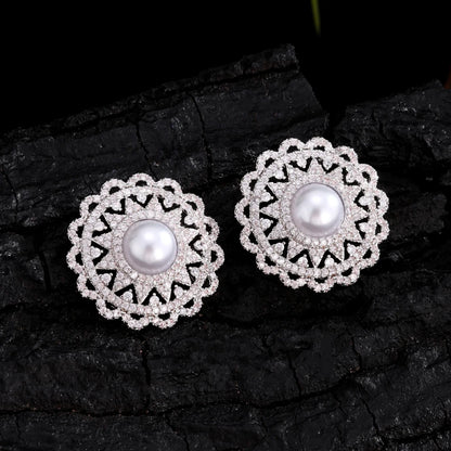 ZAKOL Luxury AAA Zircon Round Pearl Earrings for Women Irregular Stud Earring Temperament Wedding Party Jewelry