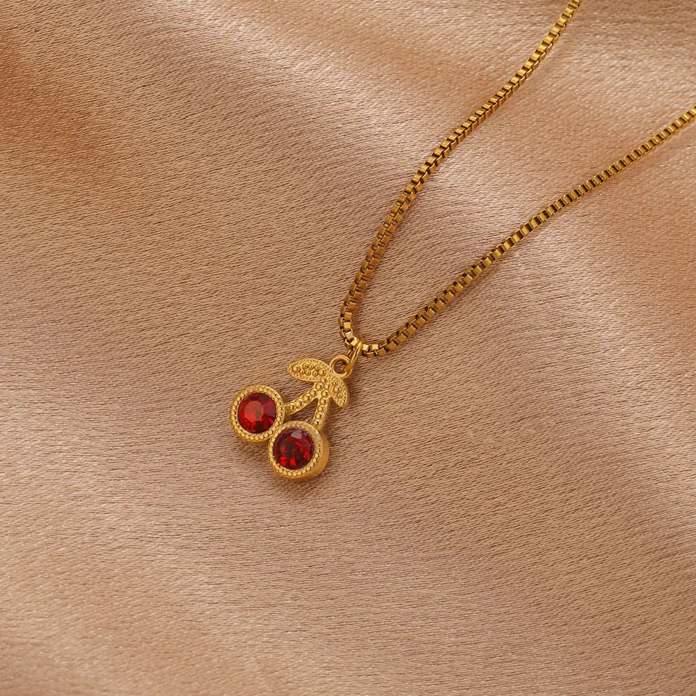 Stainless Steel Cherry Gold Color Pendant Necklace For Women Personality Fashion Necklace Wedding Jewelry Birthday Gifts
