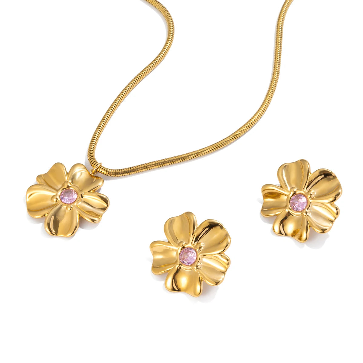Zora Romantic Minimalist Pink Rhinestone Flower Pendant Necklace Earring 18K Gold Plated Stainless Steel Waterproof Girl Jewelry