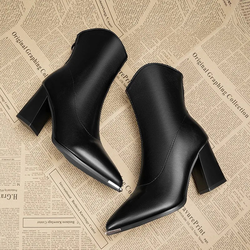 Women Leather Boots Luxury Pointed Brand Toe Chelsea Ankle Boots Trendy High Heels Zipper Goth Pumps Shoes French Women's Boots