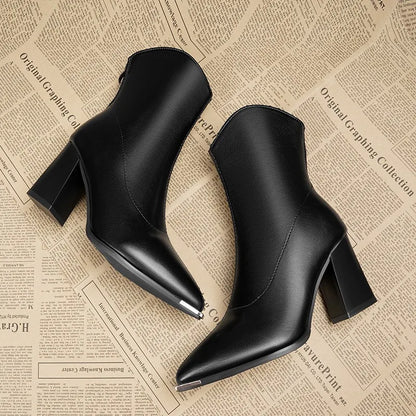 Women Leather Boots Luxury Pointed Brand Toe Chelsea Ankle Boots Trendy High Heels Zipper Goth Pumps Shoes French Women's Boots