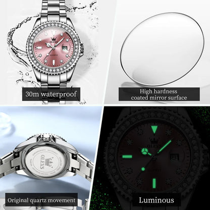 OLEVS 9945 Top Brand Original Quartz Watch for Women Luxury Diamond Lap Calendar Hand Clock Stainless Steel Ladies Wristwatches