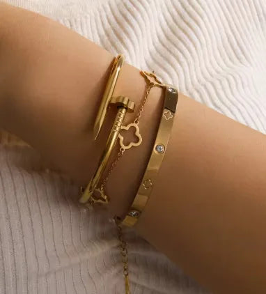 Stainless Steel Gold Bracelet Set, Nail Clover European Style, Stylish Versatile Women’s Jewelry, Daily/Office Versatile