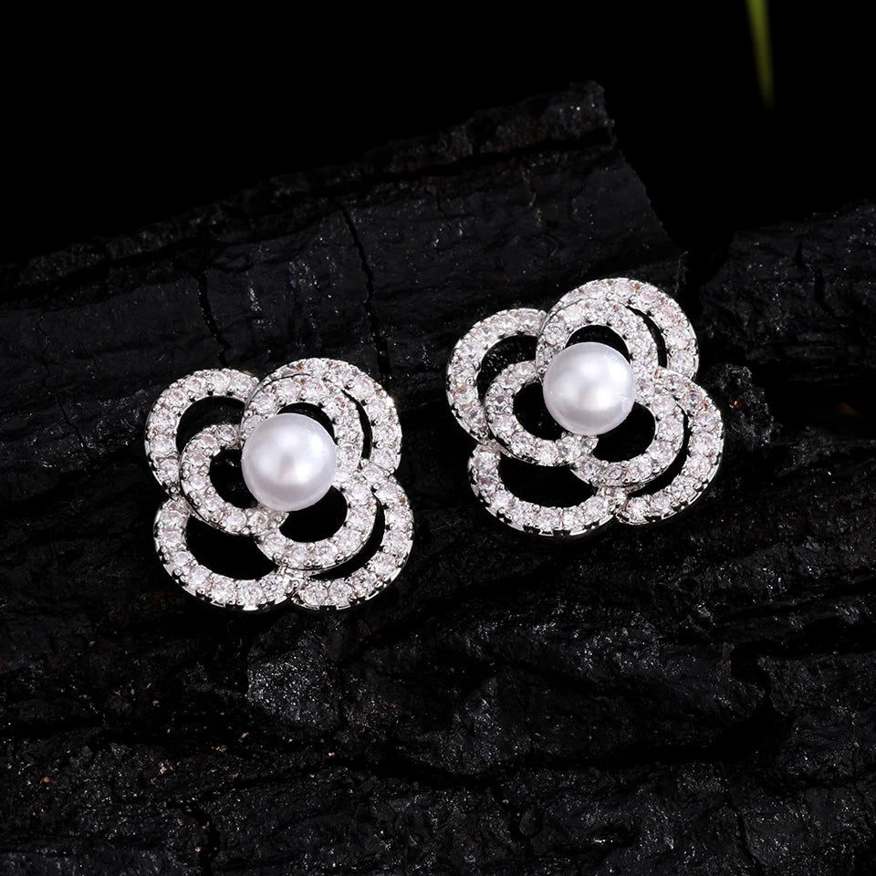 ZAKOL Luxury AAA Zircon Round Pearl Earrings for Women Irregular Stud Earring Temperament Wedding Party Jewelry