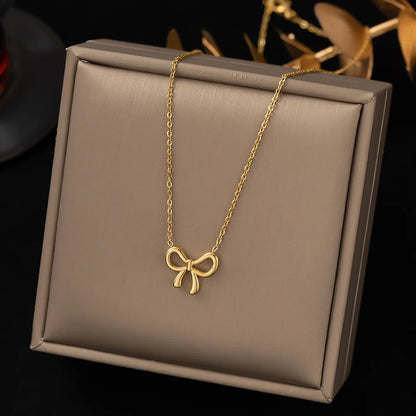 Punk Fashion Cute Small Tiny Bowknot Pendant Female Gold Color Stainless Steel 45cm Choker Chain Necklace For Women Jewelry Gift