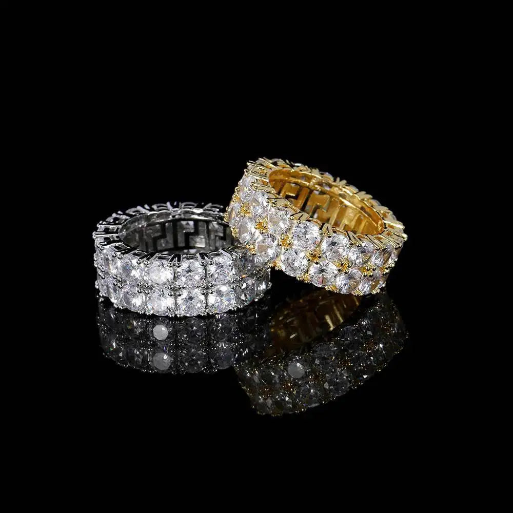 HipHop Jewelry Iced Out Brass Full Cubic Zirconia Tennis Ring Double Row Engagement Ring Unisex Men Eternity Bands Wedding Rings