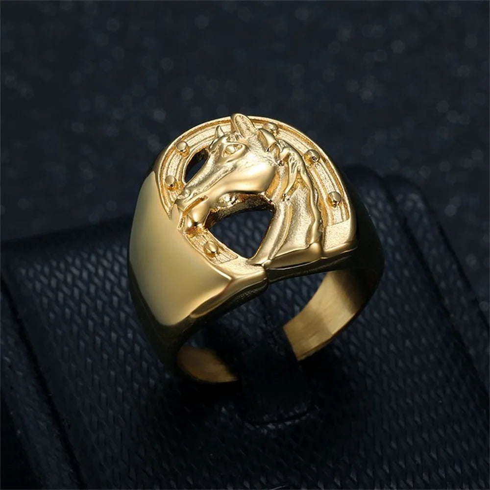 Punk Horseshoe Horse Head Ring Male Wholesale Gold Color Stainless Steel Big Animal Rings For Men Fashion Party Jewelry Gift