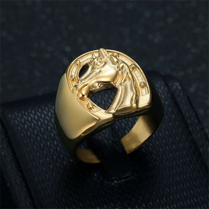 Punk Horseshoe Horse Head Ring Male Wholesale Gold Color Stainless Steel Big Animal Rings For Men Fashion Party Jewelry Gift