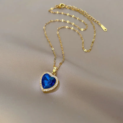 Women's 316L Stainless Steel Heart-Shaped Pendant Necklace with Big Blue Zircon Fashion Clavicle Chain Jewelry Gift for Girls