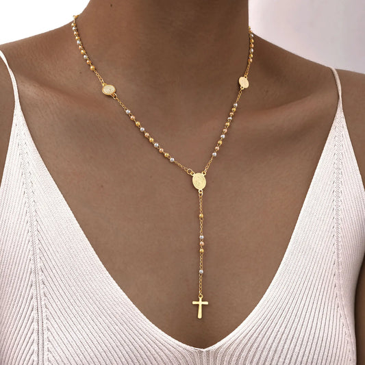 Stainless Steel Virgin Vrand Three-color Beaded Y-Shaped Necklaces for women,The Holy Spirit Cross Pendant Necklace,Jewelry Gift