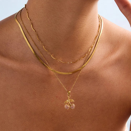 Zora Women's Fashion Pink Zircon Cherry Pendant Necklace 18K Gold Plated Stainless Steel Sweet Daily Decoration