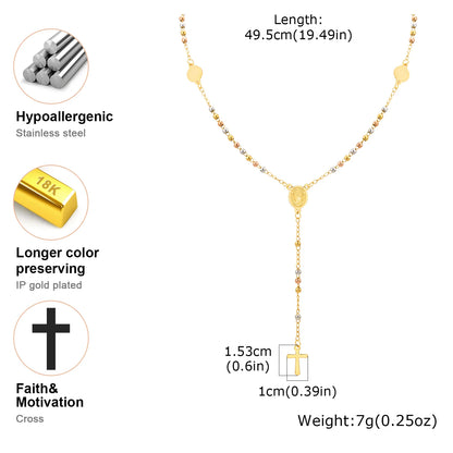 Stainless Steel Virgin Vrand Three-color Beaded Y-Shaped Necklaces for women,The Holy Spirit Cross Pendant Necklace,Jewelry Gift