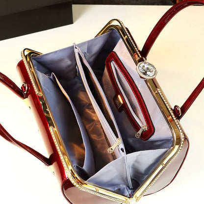 Patent Leather Women Bag for Middle Age Mothers Large Capacity Crossbody Shiny Diamond Tote Bag