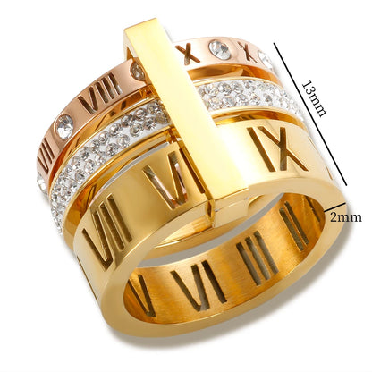Three Layers Roman Numerals Ring for Women Luxury Stainless Steel Rotatable Crystal Finger Rings Female Wedding Trendy Jewelry