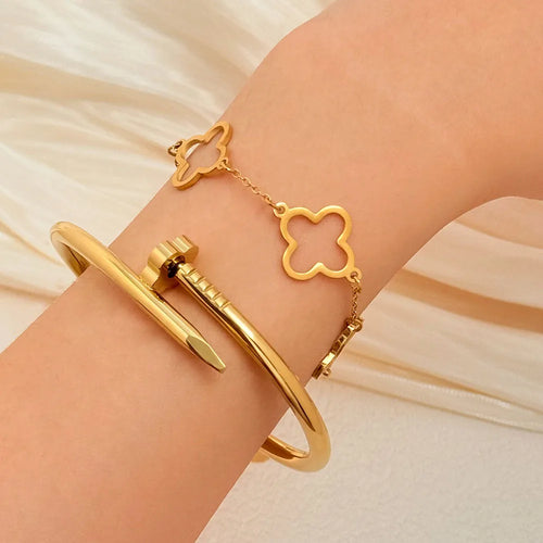 Stainless Steel Gold Bracelet Set, Nail Clover European Style, Stylish Versatile Women’s Jewelry, Daily/Office Versatile