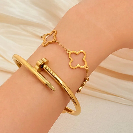 Stainless Steel Gold Bracelet Set, Nail Clover European Style, Stylish Versatile Women’s Jewelry, Daily/Office Versatile