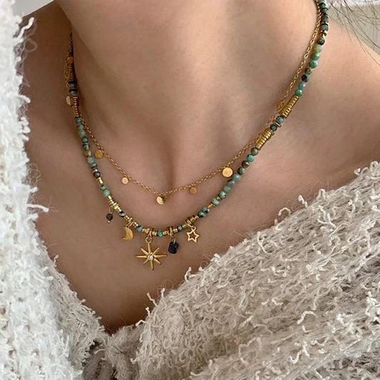 Vintage Bohemian Style Stone Beads Necklace for Women Charm Mang Star Pendant Stacked Clavicle Chain Fashion Jewelry Gifts