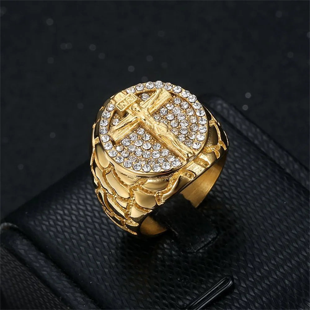 Hip Hop Iced Out Big Jesus Cross Ring Male Gold Color Stainless Steel Christian Crucifix Rings For Men Religious Jewelry Gift