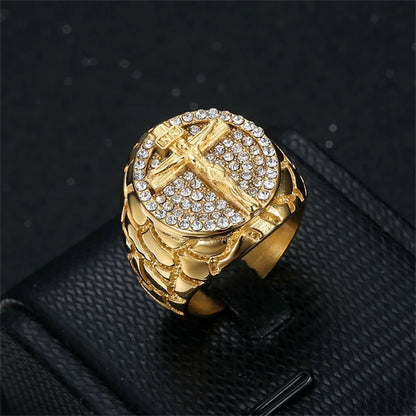 Hip Hop Iced Out Big Jesus Cross Ring Male Gold Color Stainless Steel Christian Crucifix Rings For Men Religious Jewelry Gift