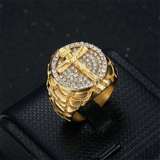 Hip Hop Iced Out Big Jesus Cross Ring Male Gold Color Stainless Steel Christian Crucifix Rings For Men Religious Jewelry Gift