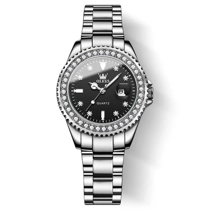 OLEVS 9945 Top Brand Original Quartz Watch for Women Luxury Diamond Lap Calendar Hand Clock Stainless Steel Ladies Wristwatches