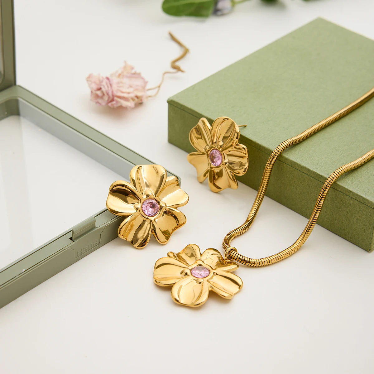 Zora Romantic Minimalist Pink Rhinestone Flower Pendant Necklace Earring 18K Gold Plated Stainless Steel Waterproof Girl Jewelry