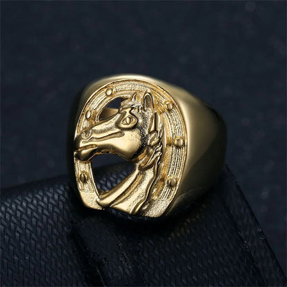 Punk Horseshoe Horse Head Ring Male Wholesale Gold Color Stainless Steel Big Animal Rings For Men Fashion Party Jewelry Gift
