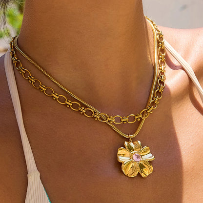 Zora Romantic Minimalist Pink Rhinestone Flower Pendant Necklace Earring 18K Gold Plated Stainless Steel Waterproof Girl Jewelry