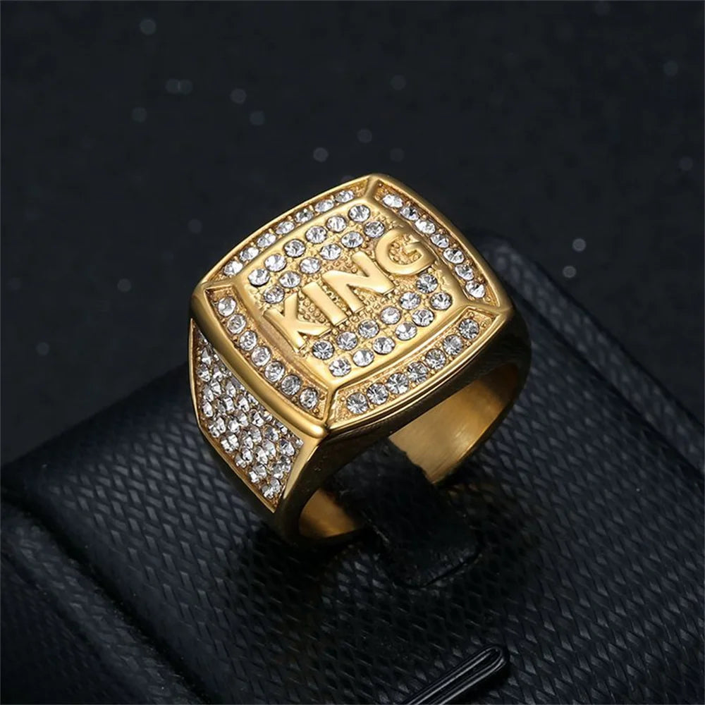 Hip Hop Iced Out Bling Big Letter King Ring Male Gold Color Stainless Steel Square Rings For Men Fashion Party Jewelry Gift