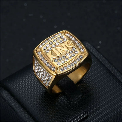 Hip Hop Iced Out Bling Big Letter King Ring Male Gold Color Stainless Steel Square Rings For Men Fashion Party Jewelry Gift