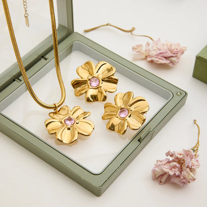 Zora Romantic Minimalist Pink Rhinestone Flower Pendant Necklace Earring 18K Gold Plated Stainless Steel Waterproof Girl Jewelry