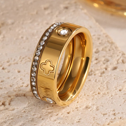 French Clover High Quality Stainless Steel Shiny Zircon Rings Set For Women 18K-Gold-plated Waterproof Not Fading Rings NEW