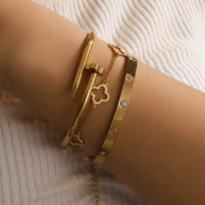 Stainless Steel Gold Bracelet Set, Nail Clover European Style, Stylish Versatile Women’s Jewelry, Daily/Office Versatile