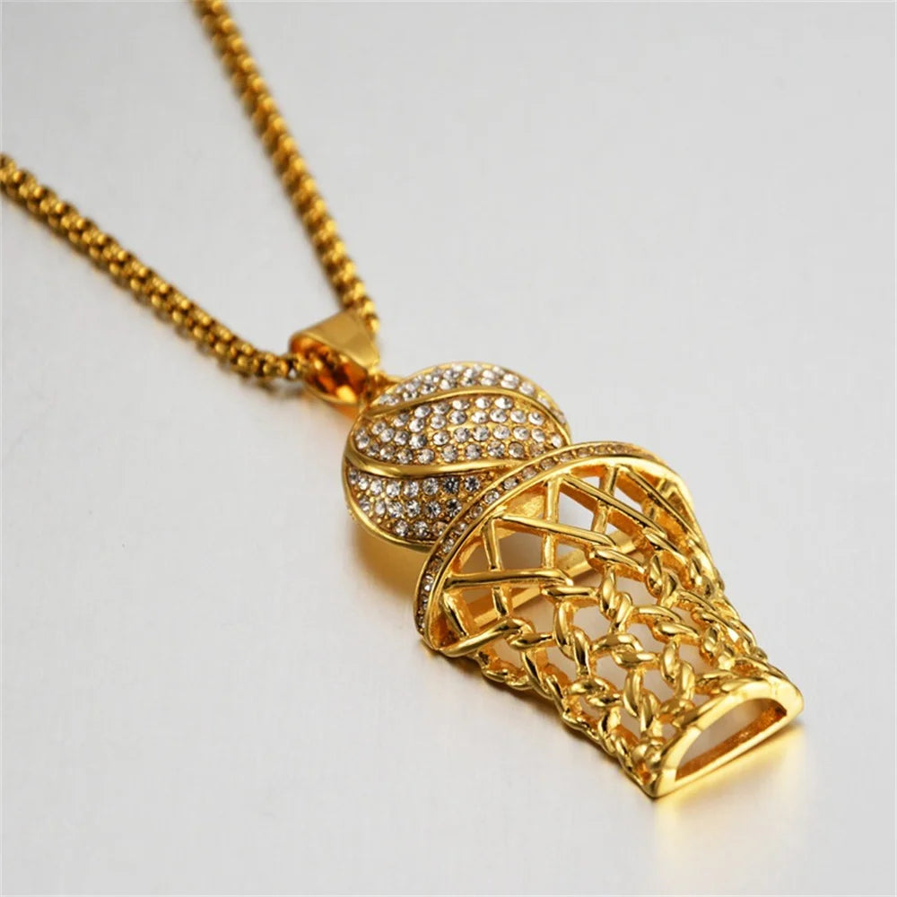Punk Fashion Iced Out Basketball Basket Pendant Male Gold Color Stainless Steel Sports Necklace For Men Hippie Jewelry Gift 2025
