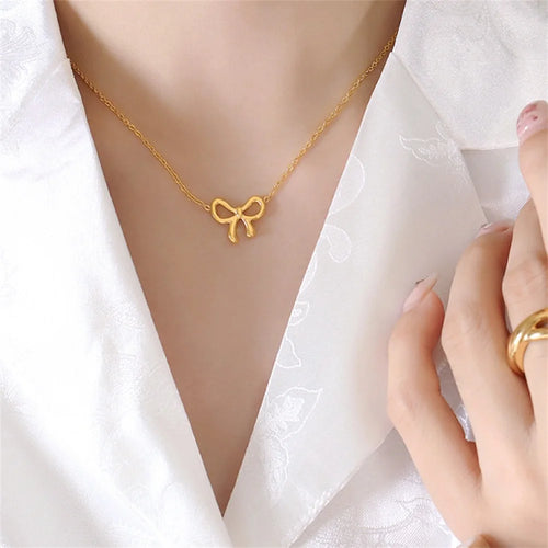 Punk Fashion Cute Small Tiny Bowknot Pendant Female Gold Color Stainless Steel 45cm Choker Chain Necklace For Women Jewelry Gift