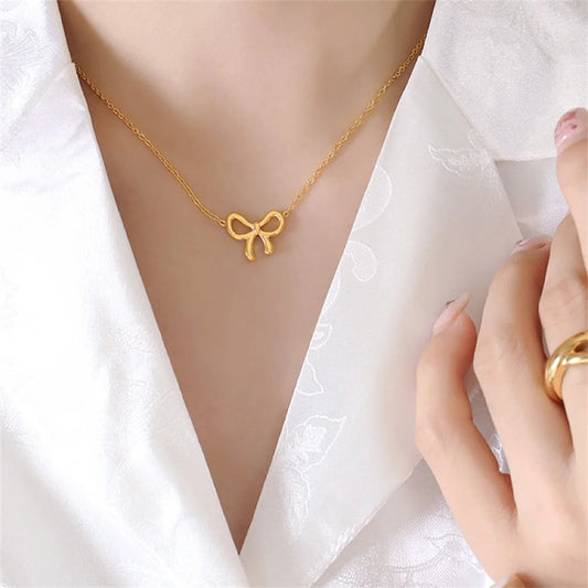 Punk Fashion Cute Small Tiny Bowknot Pendant Female Gold Color Stainless Steel 45cm Choker Chain Necklace For Women Jewelry Gift