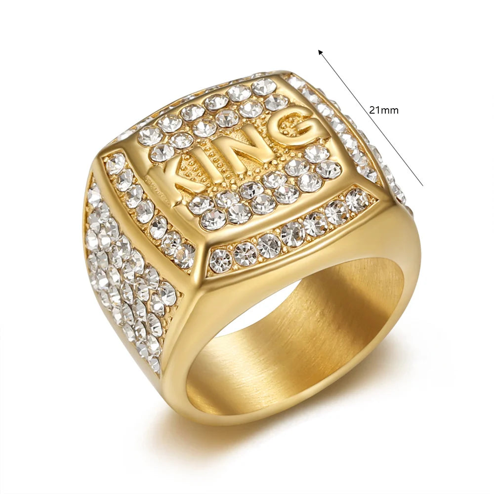 Hip Hop Iced Out Bling Big Letter King Ring Male Gold Color Stainless Steel Square Rings For Men Fashion Party Jewelry Gift