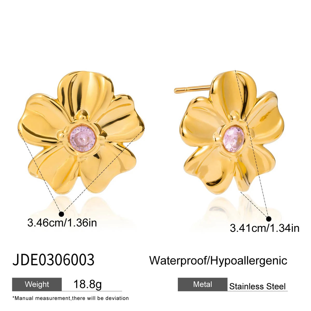 Zora Romantic Minimalist Pink Rhinestone Flower Pendant Necklace Earring 18K Gold Plated Stainless Steel Waterproof Girl Jewelry