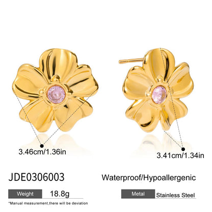 Zora Romantic Minimalist Pink Rhinestone Flower Pendant Necklace Earring 18K Gold Plated Stainless Steel Waterproof Girl Jewelry
