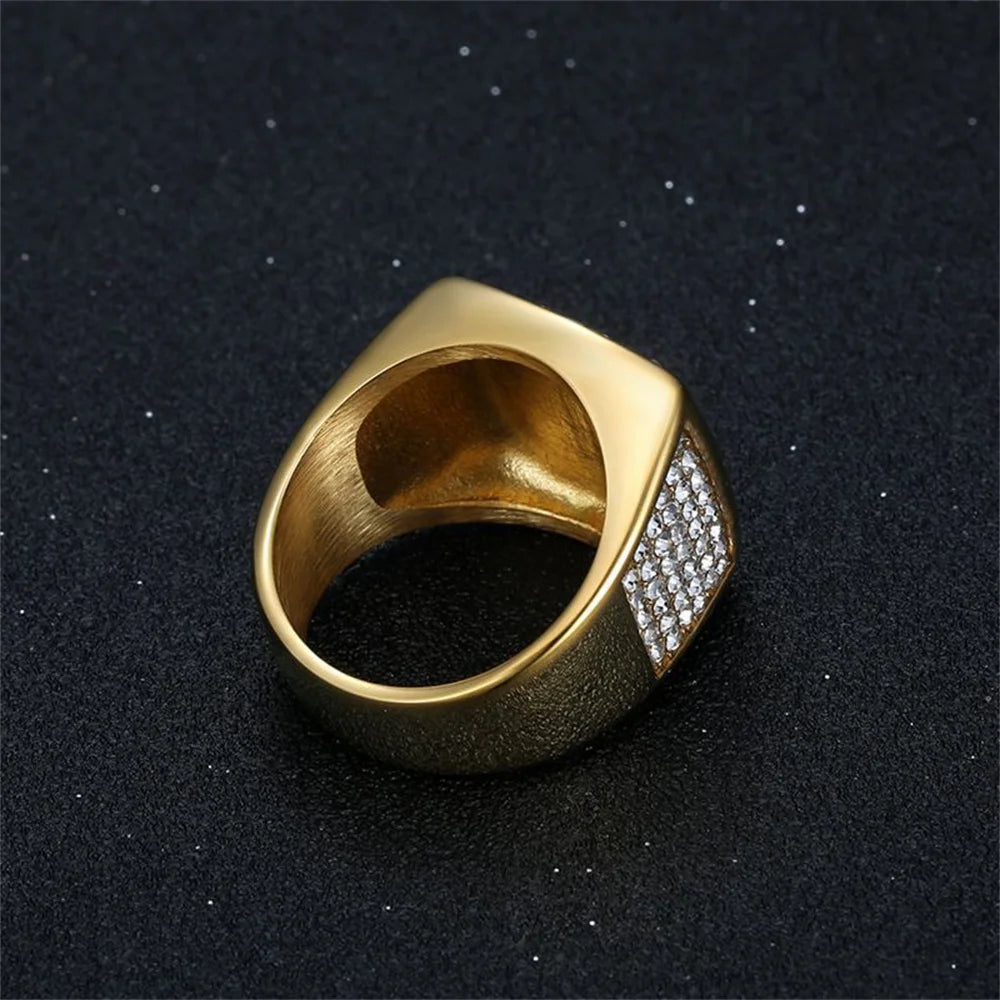 Hip Hop Iced Out Bling Big Letter King Ring Male Gold Color Stainless Steel Square Rings For Men Fashion Party Jewelry Gift