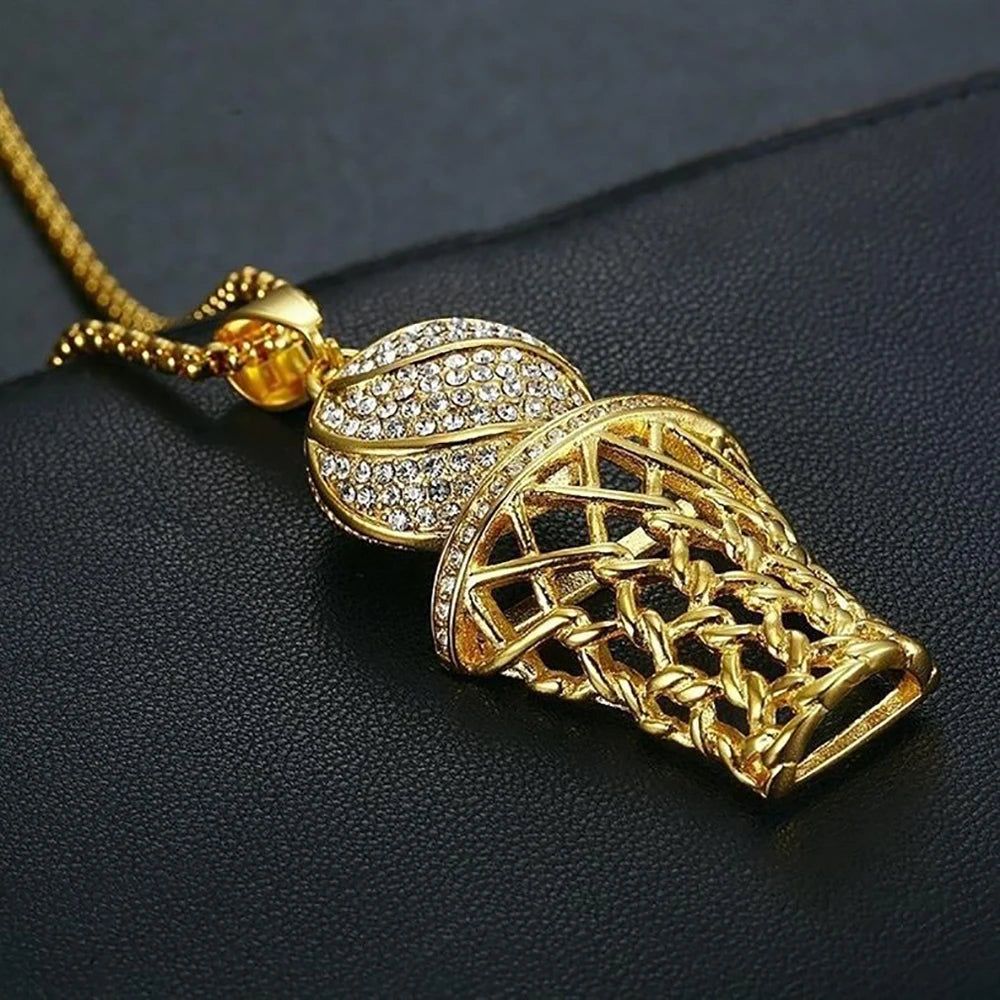 Punk Fashion Iced Out Basketball Basket Pendant Male Gold Color Stainless Steel Sports Necklace For Men Hippie Jewelry Gift 2025
